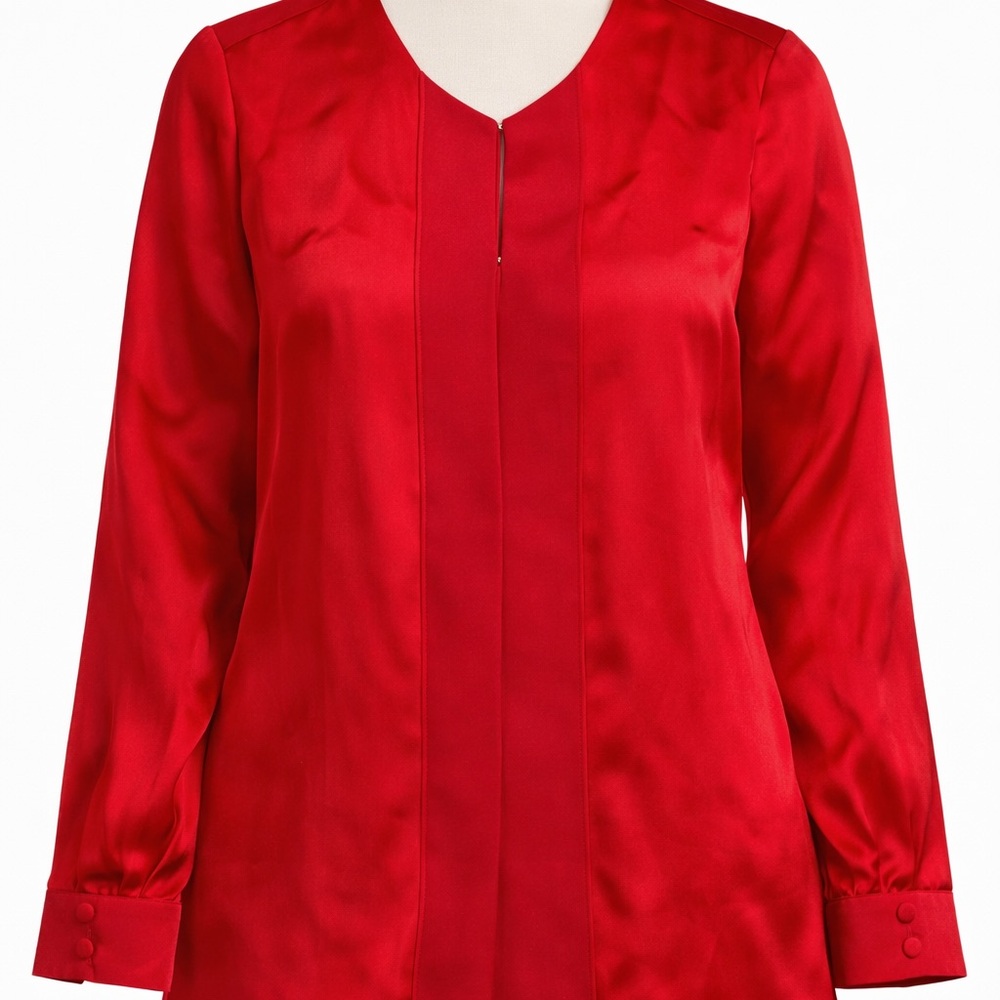 Coldwater Creek Red Long-Sleeve V-Neck Satin Blouse - Women’s Large